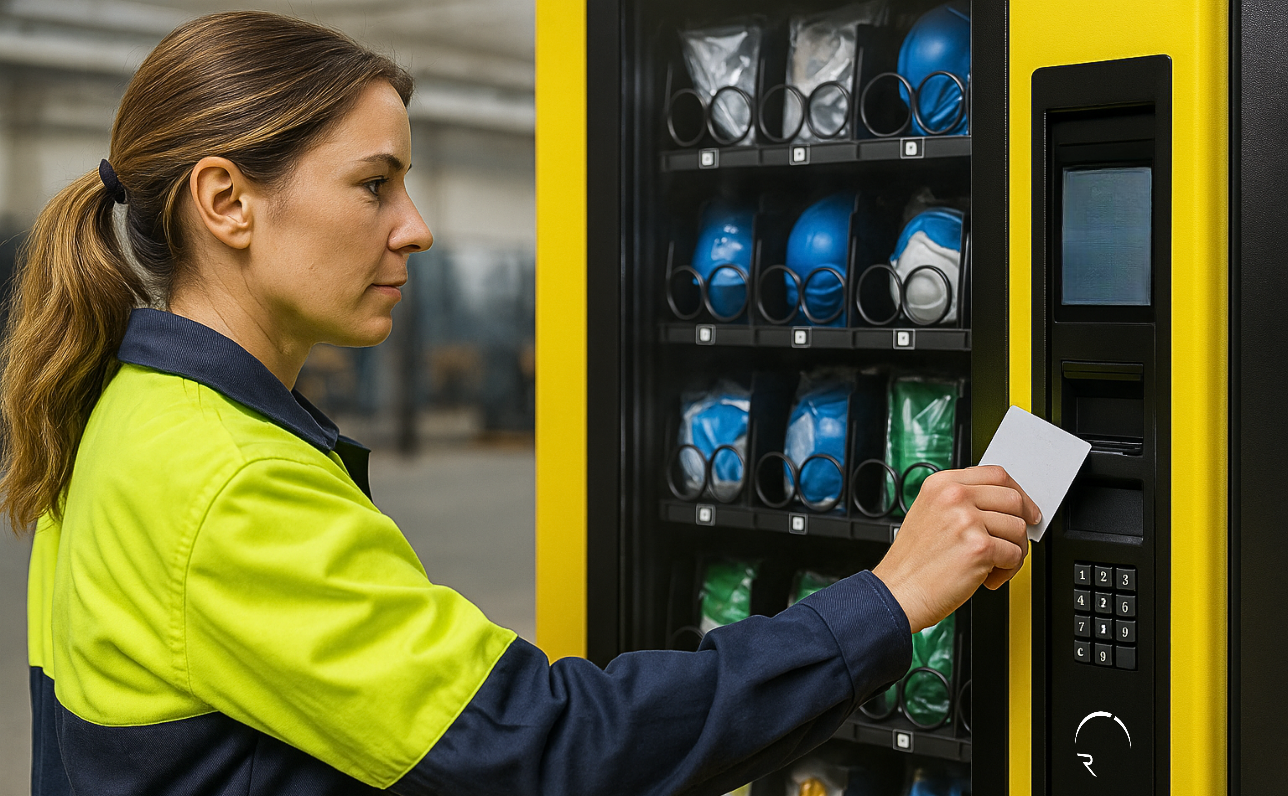 Trabajadora utilizando un dispensador automatizado de EPIs en entorno industrial, con control por tarjeta y acceso a guantes, cascos y mascarillas.